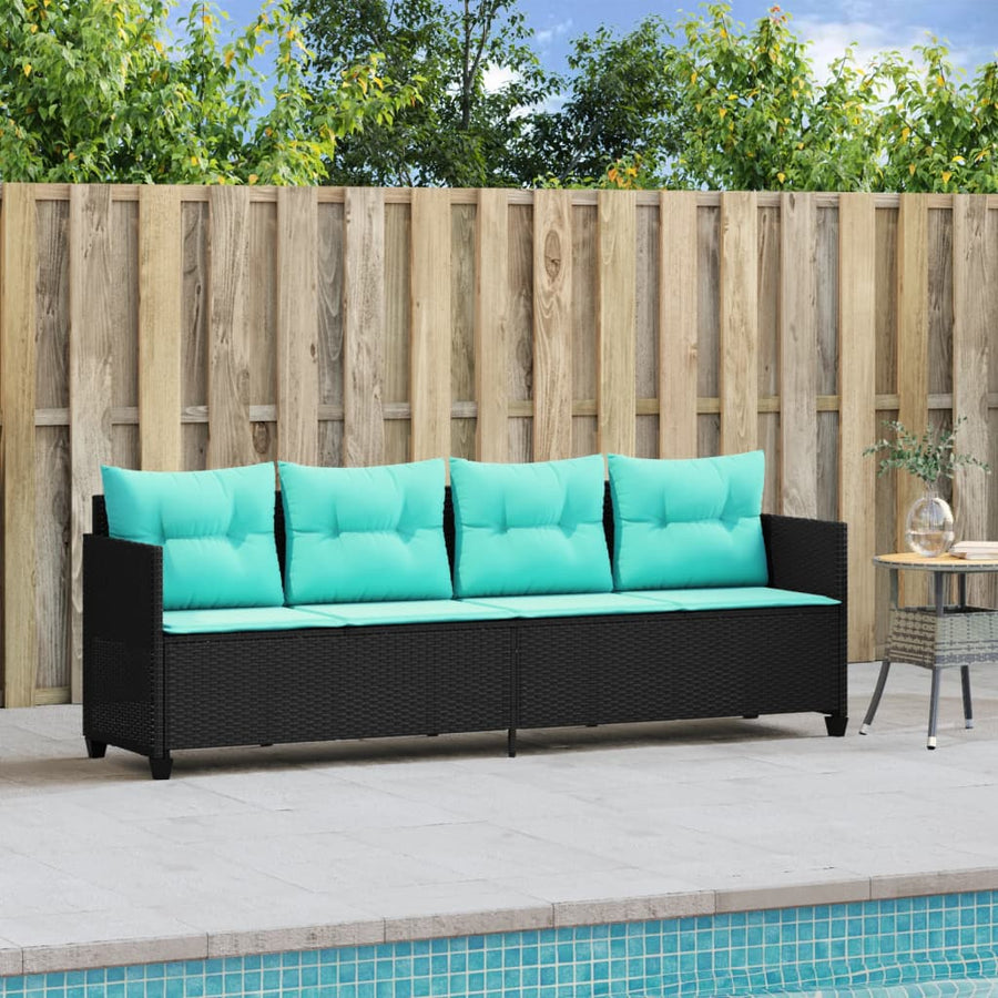 Ligbed met kussens poly rattan zwart