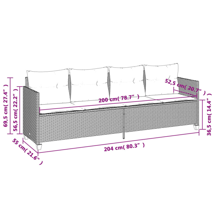 Ligbed met kussens poly rattan zwart