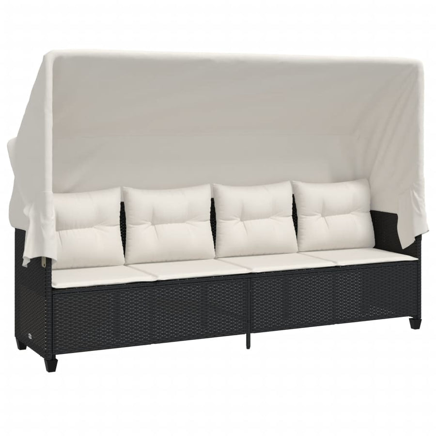 Ligbed en kussens poly rattan Zwart en crème met luifel