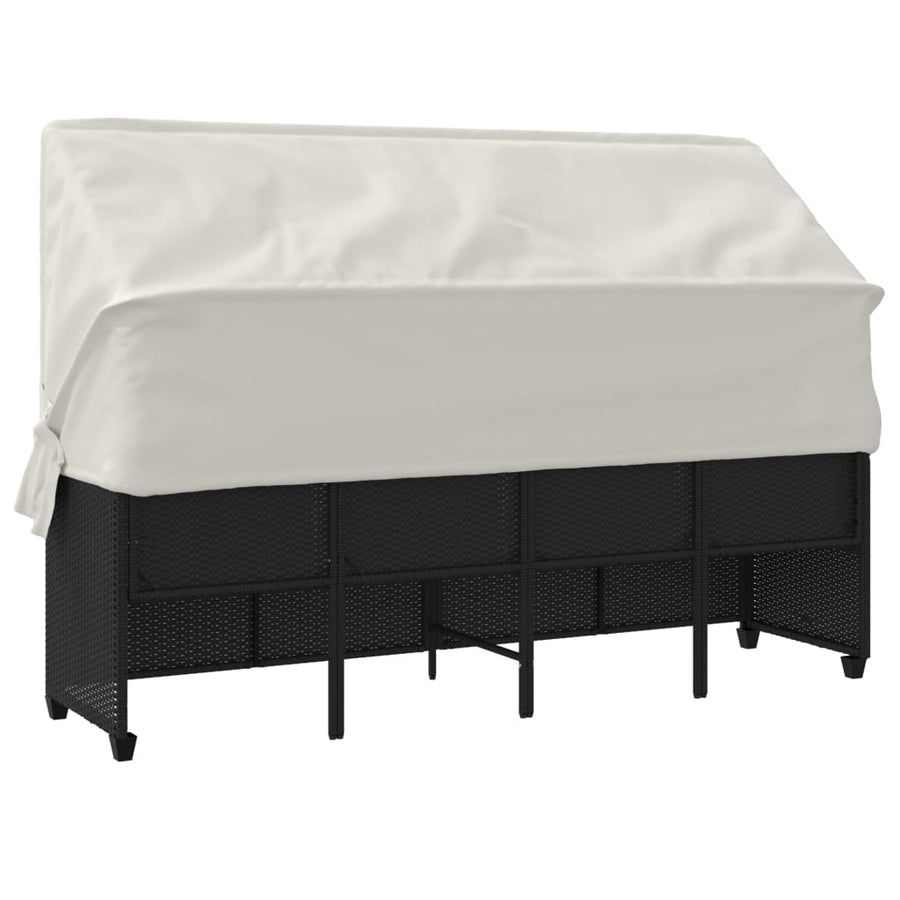 Ligbed en kussens poly rattan Zwart en crème met luifel
