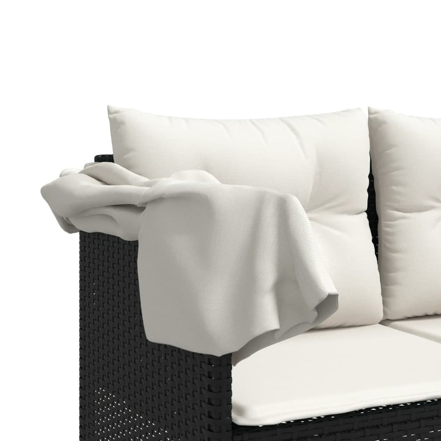 Ligbed en kussens poly rattan Zwart en crème met luifel