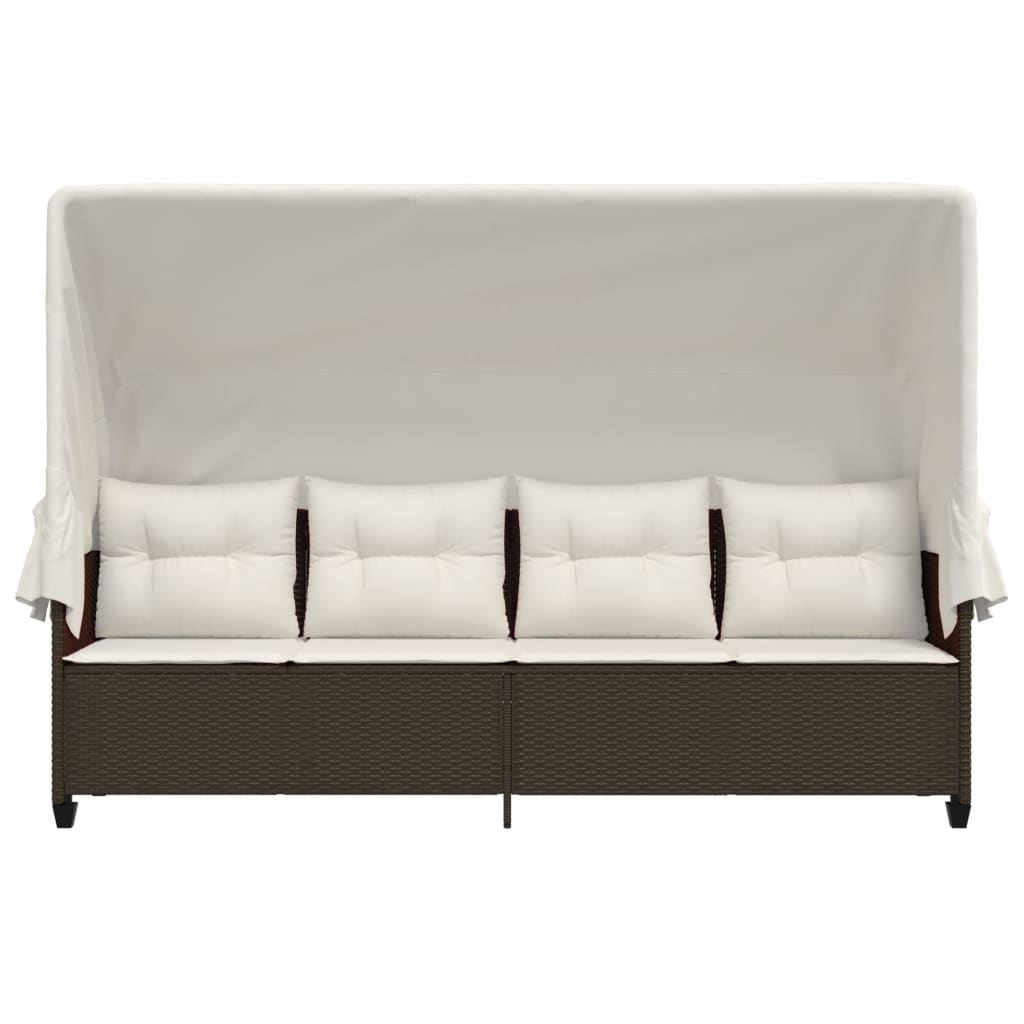 Ligbed en kussens poly rattan Bruin en crème met luifel