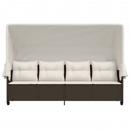 Ligbed en kussens poly rattan Bruin en crème met luifel