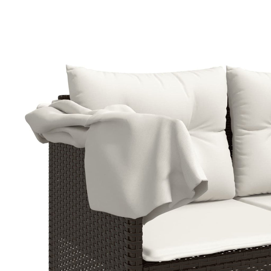 Ligbed en kussens poly rattan Bruin en crème met luifel