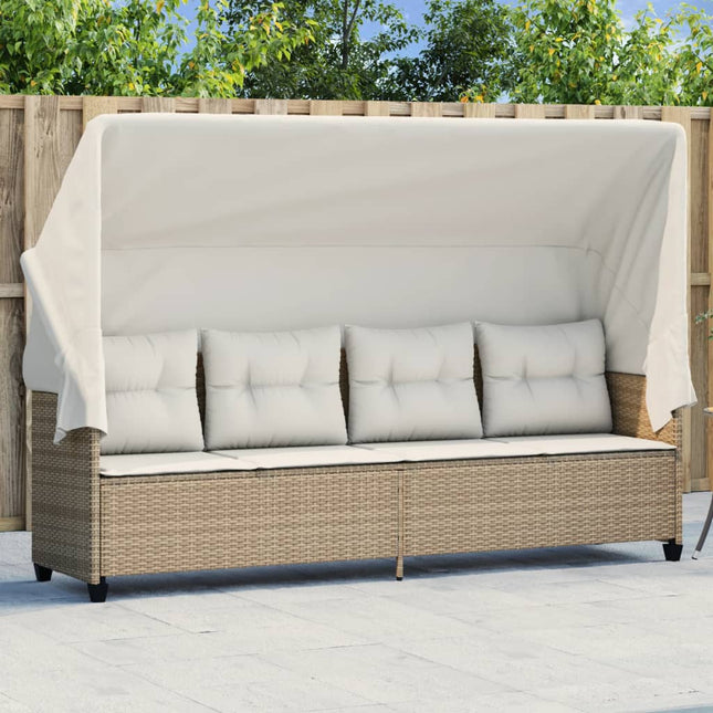 Ligbed En Kussen Poly Rattan Beige beige and cream met luifel