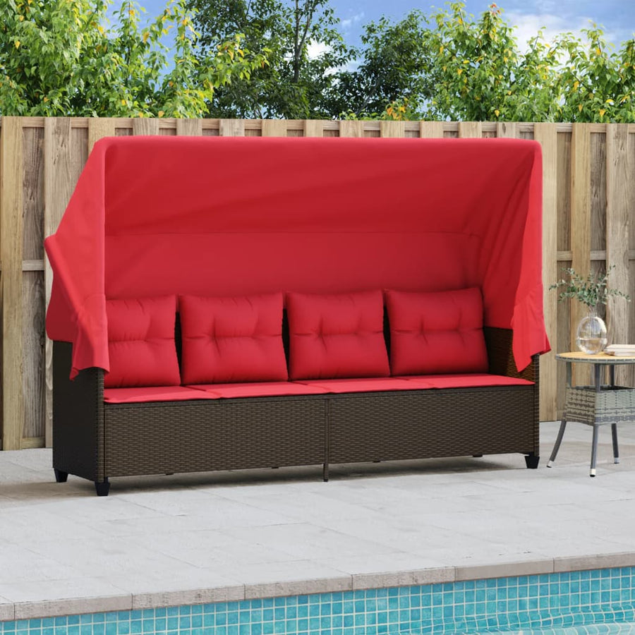 Ligbed Met Luifel En Kussens Poly Rattan Bruin