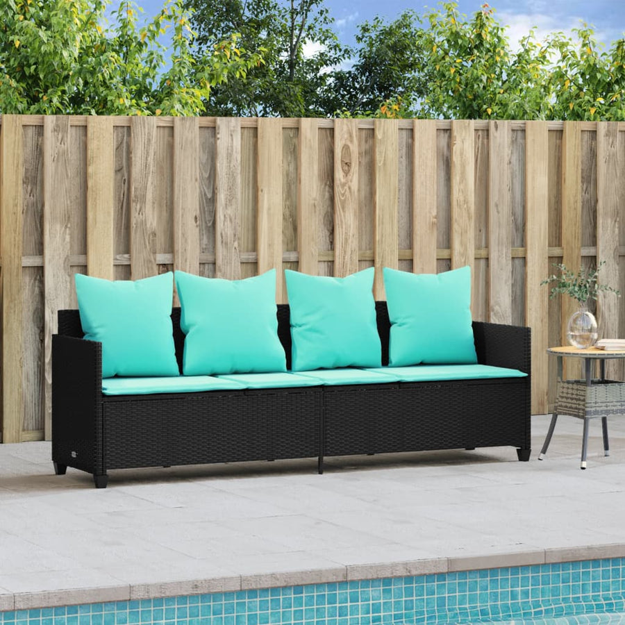 Ligbed met kussens poly rattan zwart