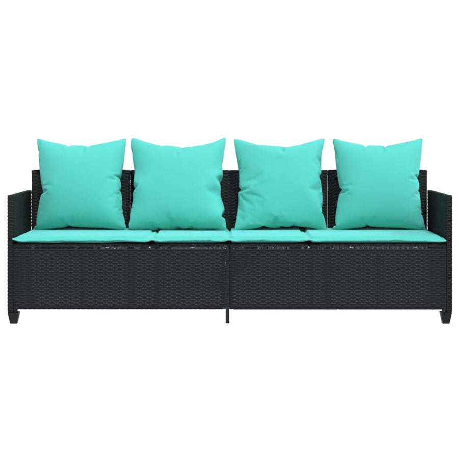 Ligbed met kussens poly rattan zwart