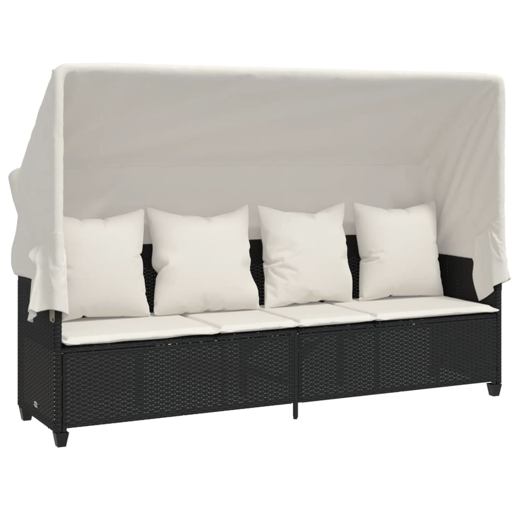 Ligbed Met Luifel En Kussens Poly Rattan Zwart en crème with canopy
