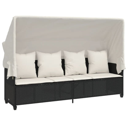 Ligbed Met Luifel En Kussens Poly Rattan Zwart en crème with canopy