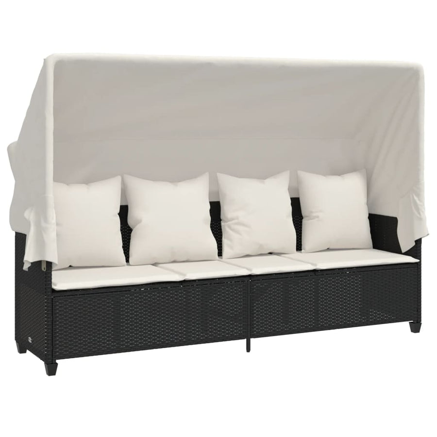 Ligbed Met Luifel En Kussens Poly Rattan Zwart en crème with canopy