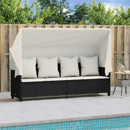 Ligbed Met Luifel En Kussens Poly Rattan Zwart en crème with canopy