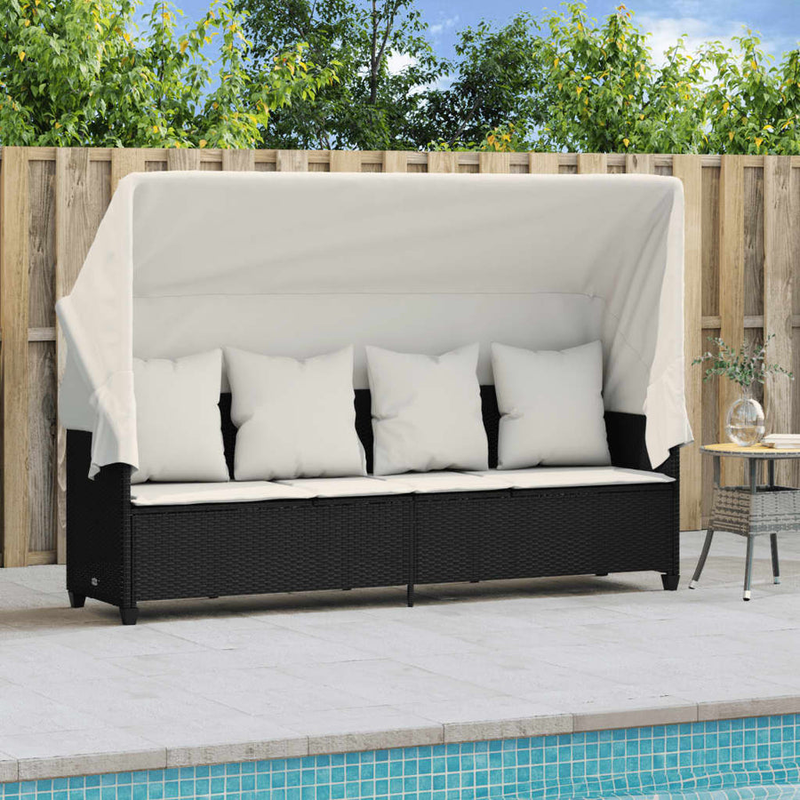 Ligbed Met Luifel En Kussens Poly Rattan Zwart en crème with canopy