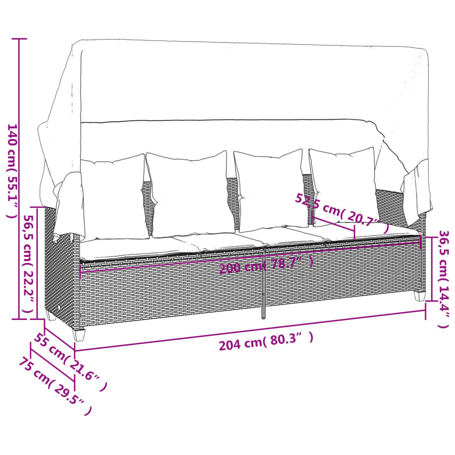 Ligbed Met Luifel En Kussens Poly Rattan Zwart en crème with canopy