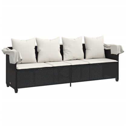 Ligbed Met Luifel En Kussens Poly Rattan Zwart en crème with canopy