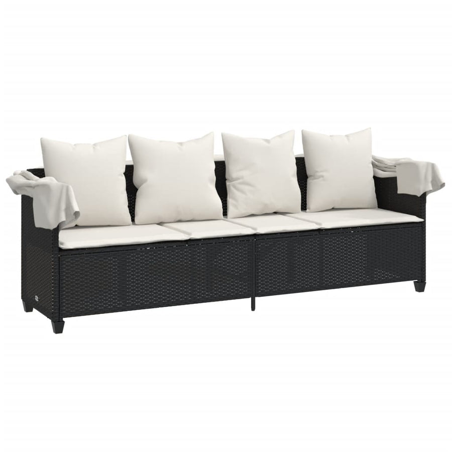 Ligbed Met Luifel En Kussens Poly Rattan Zwart en crème with canopy