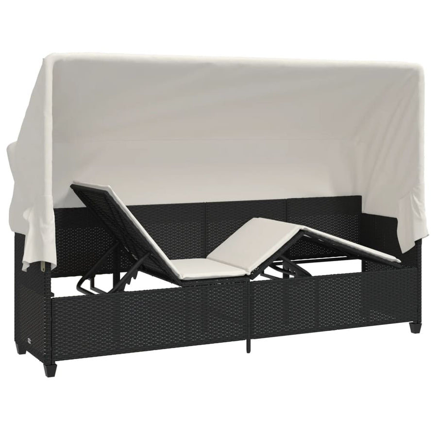 Ligbed Met Luifel En Kussens Poly Rattan Zwart en crème with canopy