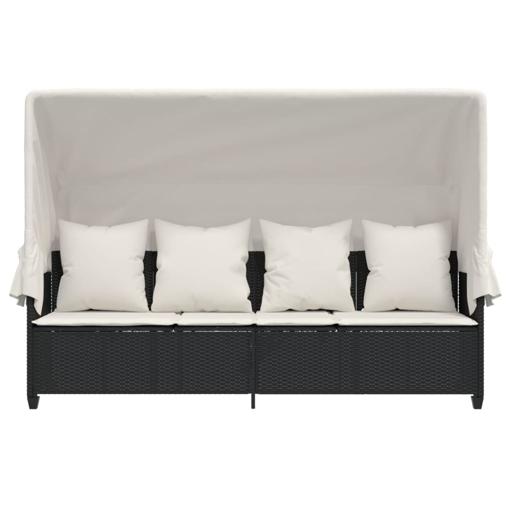Ligbed Met Luifel En Kussens Poly Rattan Zwart en crème with canopy