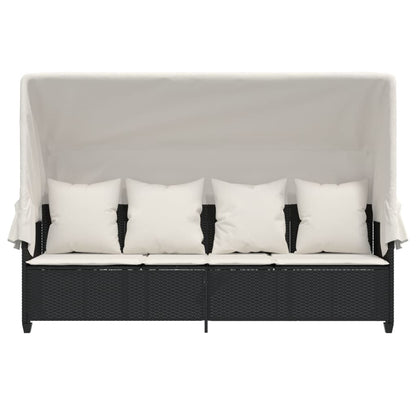 Ligbed Met Luifel En Kussens Poly Rattan Zwart en crème with canopy