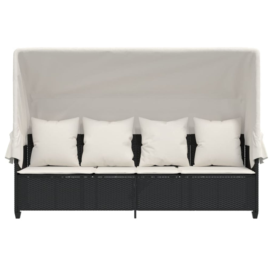 Ligbed Met Luifel En Kussens Poly Rattan Zwart en crème with canopy