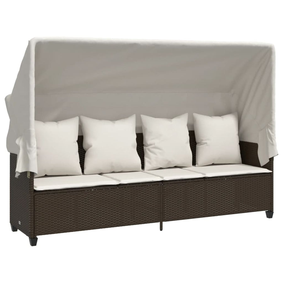 Ligbed Met Luifel En Kussens Poly Rattan Bruin en crème with canopy