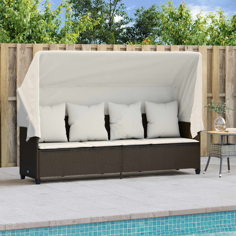 Ligbed Met Luifel En Kussens Poly Rattan Bruin en crème with canopy