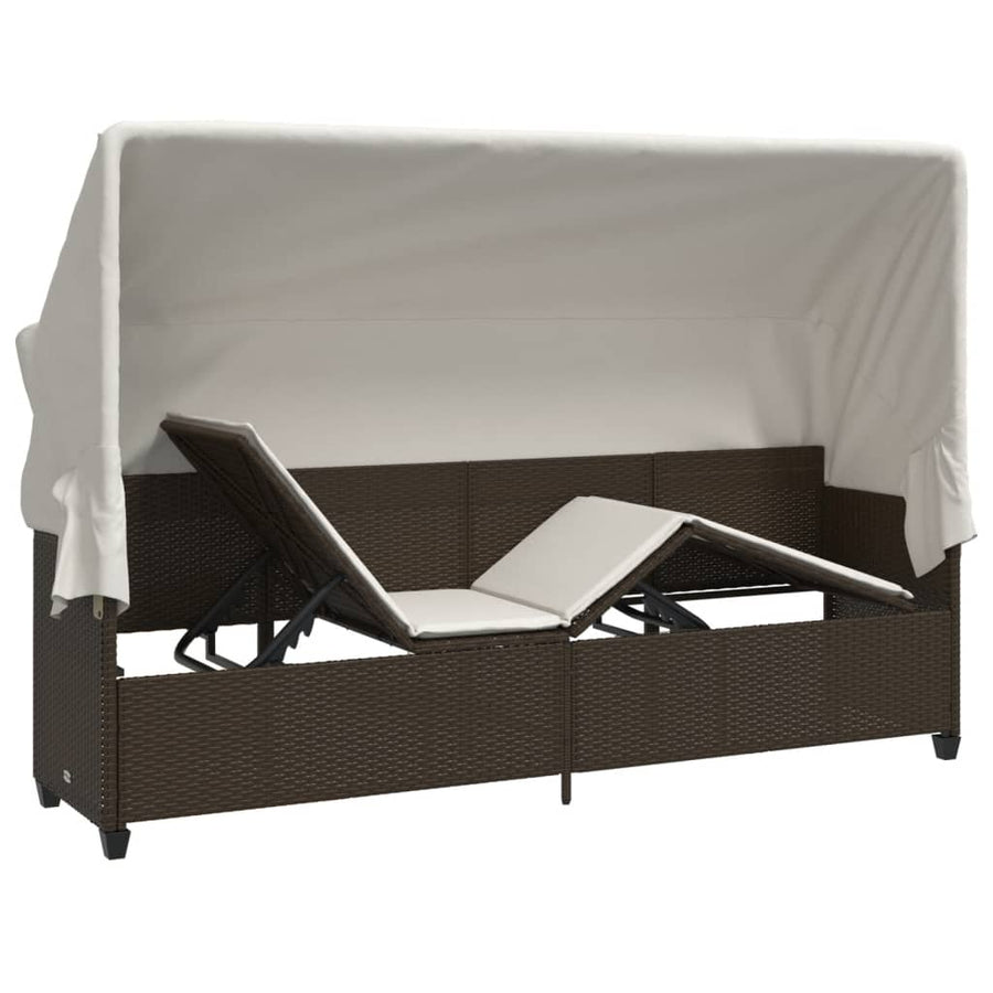 Ligbed Met Luifel En Kussens Poly Rattan Bruin en crème with canopy