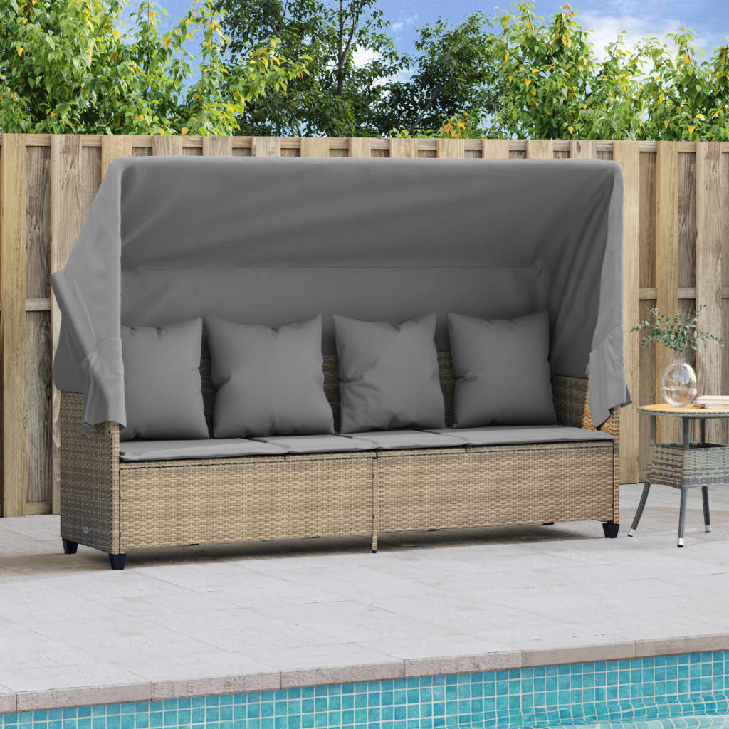 Ligbed Met Luifel En Kussen Poly Rattan  Beige en grijs with canopy