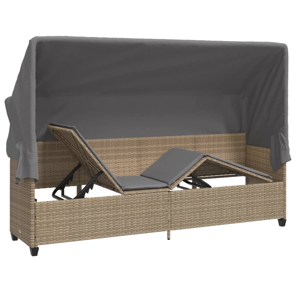 Ligbed Met Luifel En Kussen Poly Rattan  Beige en grijs with canopy