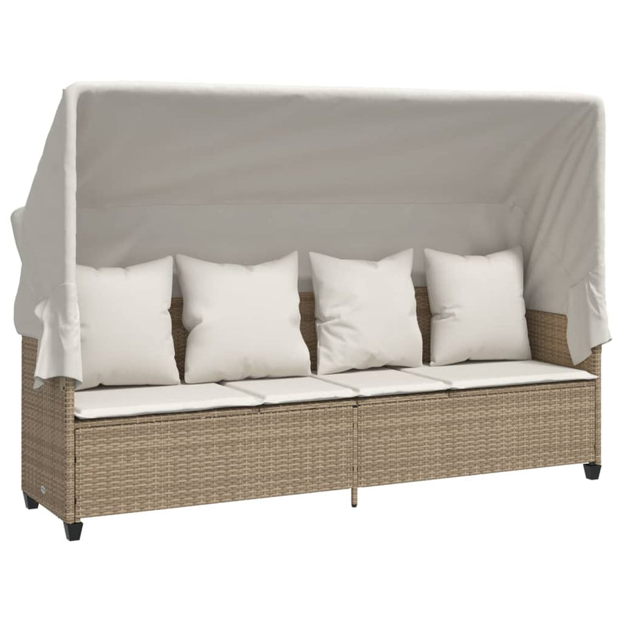 Ligbed Met Luifel En Kussen Poly Rattan Beige beige and cream with canopy