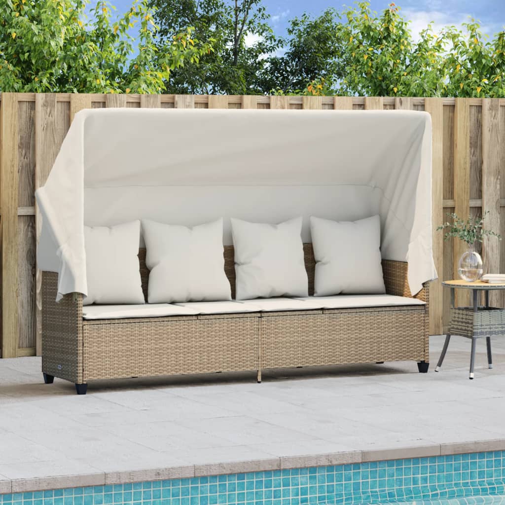 Ligbed Met Luifel En Kussen Poly Rattan Beige beige and cream with canopy