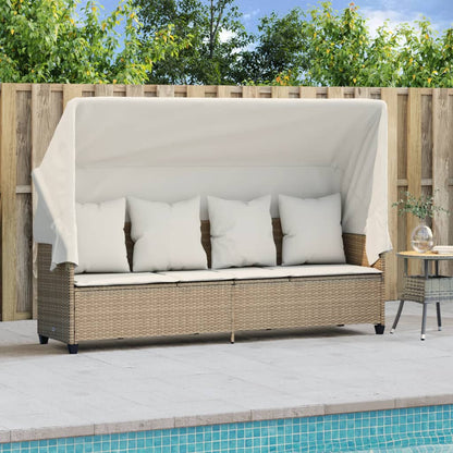 Ligbed Met Luifel En Kussen Poly Rattan Beige beige and cream with canopy
