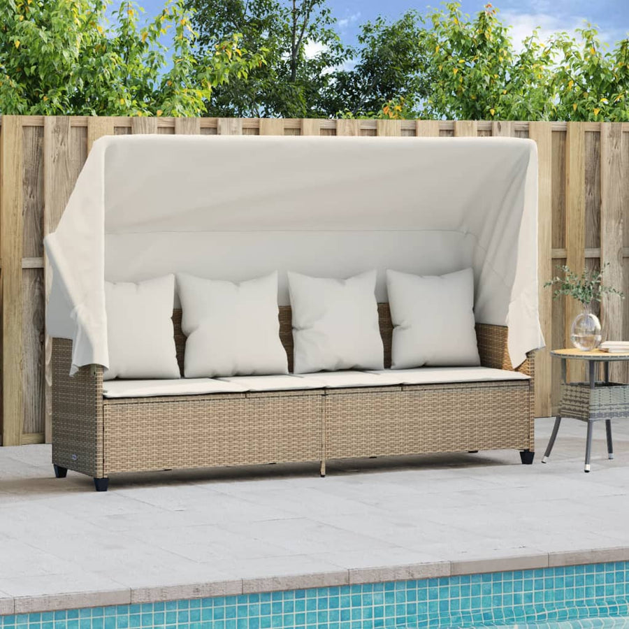 Ligbed Met Luifel En Kussen Poly Rattan Beige beige and cream with canopy