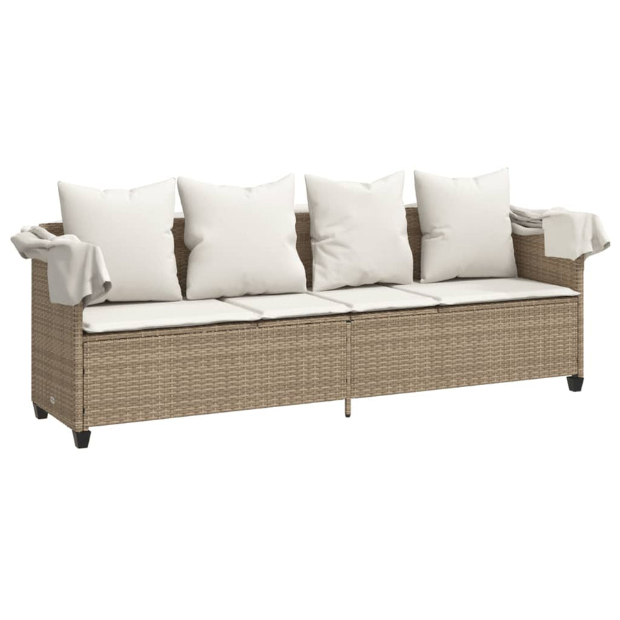 Ligbed Met Luifel En Kussen Poly Rattan Beige beige and cream with canopy
