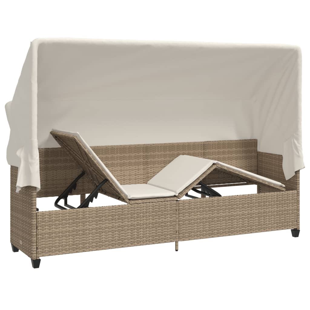 Ligbed Met Luifel En Kussen Poly Rattan Beige beige and cream with canopy