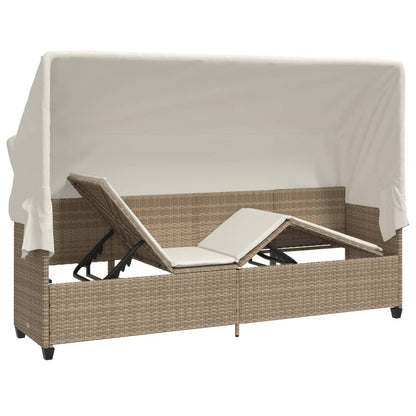 Ligbed Met Luifel En Kussen Poly Rattan Beige beige and cream with canopy