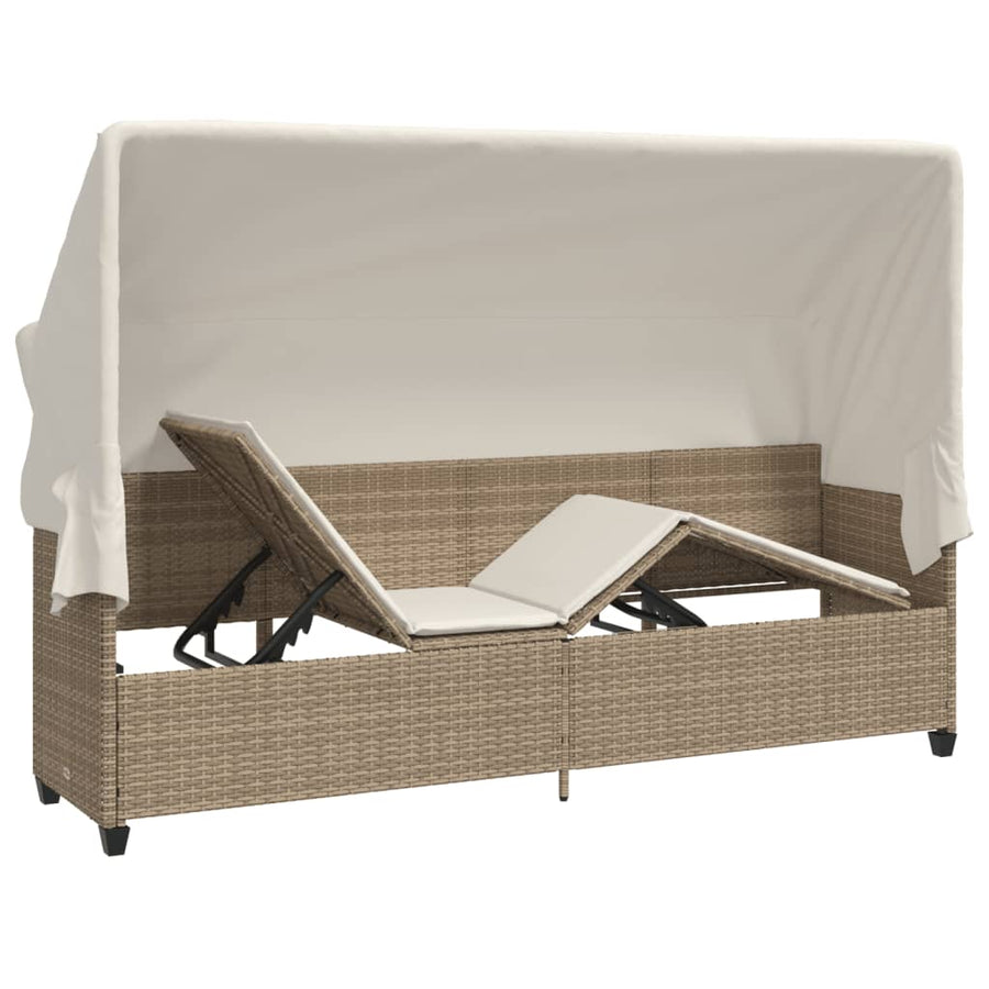 Ligbed Met Luifel En Kussen Poly Rattan Beige beige and cream with canopy
