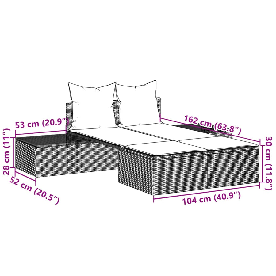 Ligbed 2-persoons met kussens poly rattan zwart