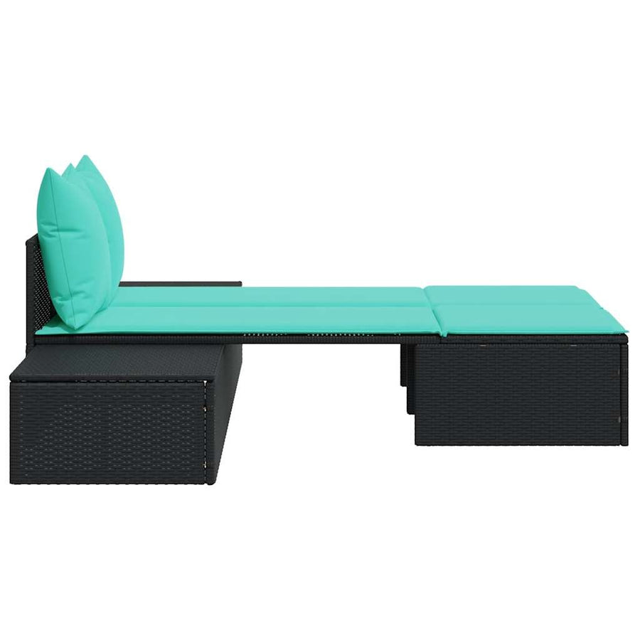 Dubbele ligstoel met kussens, zwart polyrotan
