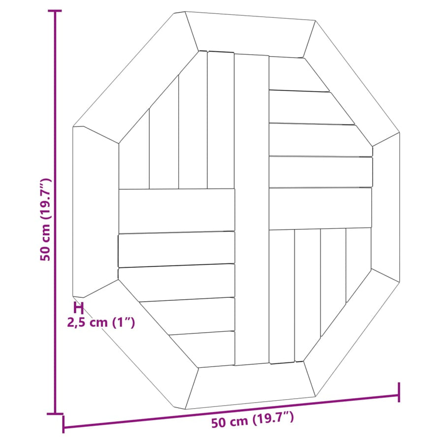 Tafelblad achthoekig 50x50x2,5 cm massief teakhout