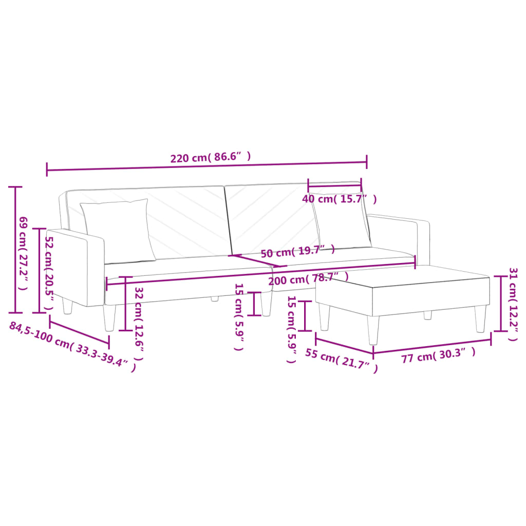 Slaapbank 2-Zits Met Kussens En Voetenbank Stof Donkergrijs Beige En Antraciet