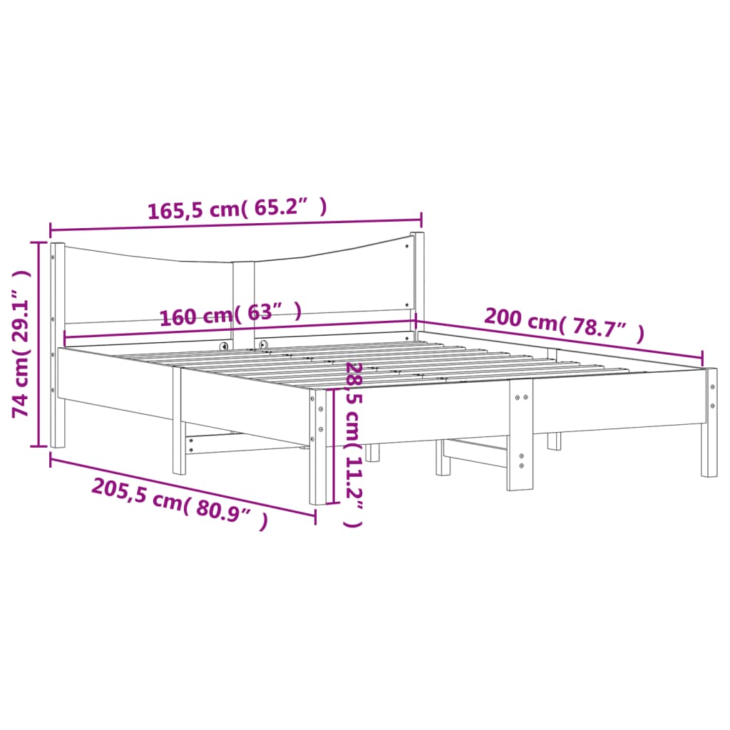 Bedframe met hoofdbord massief grenenhout wit 160x200 cm