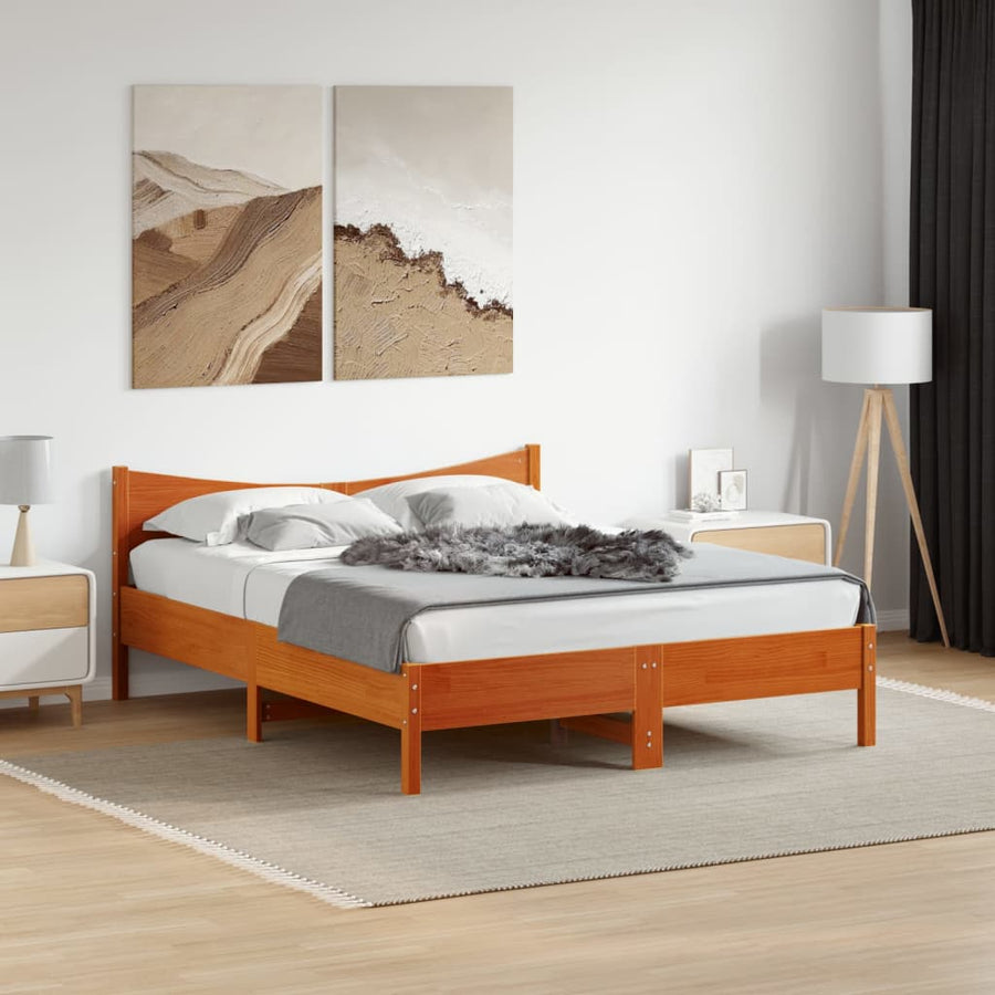 Bedframe met hoofdbord massief grenenhout wasbruin 150x200 cm