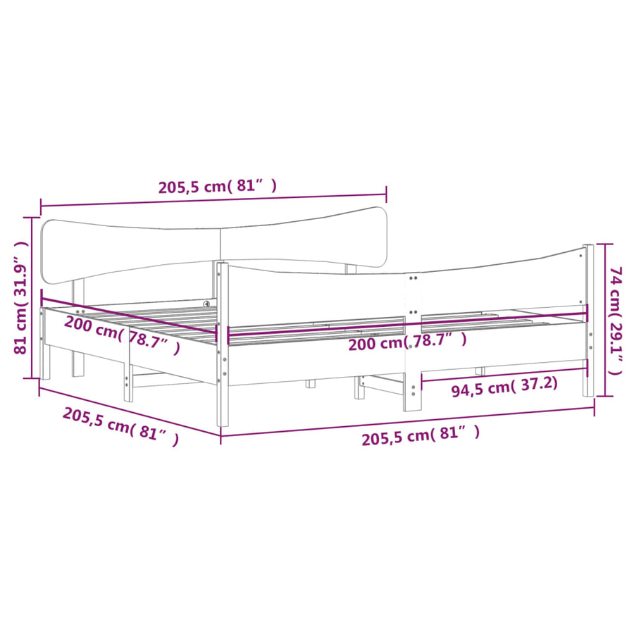 Bedframe Met Hoofdbord Massief Grenenhout 200X200 Cm