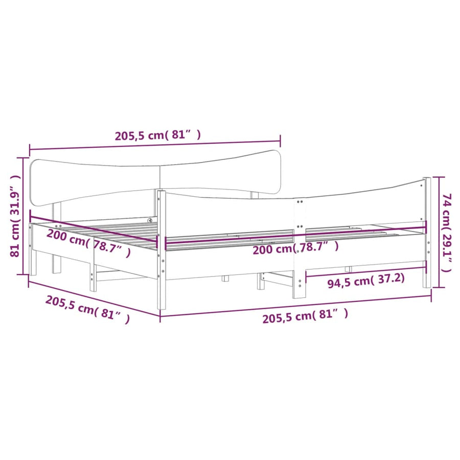Bedframe met hoofdbord massief grenenhout wasbruin 200x200 cm