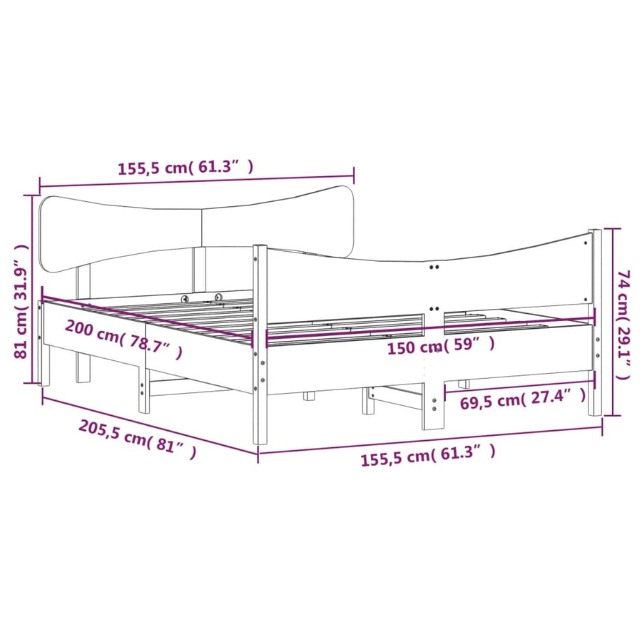 Bedframe met hoofdbord massief grenenhout wit 150x200 cm