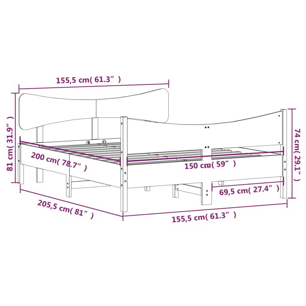 Bedframe met hoofdbord massief grenenhout wasbruin 150x200 cm