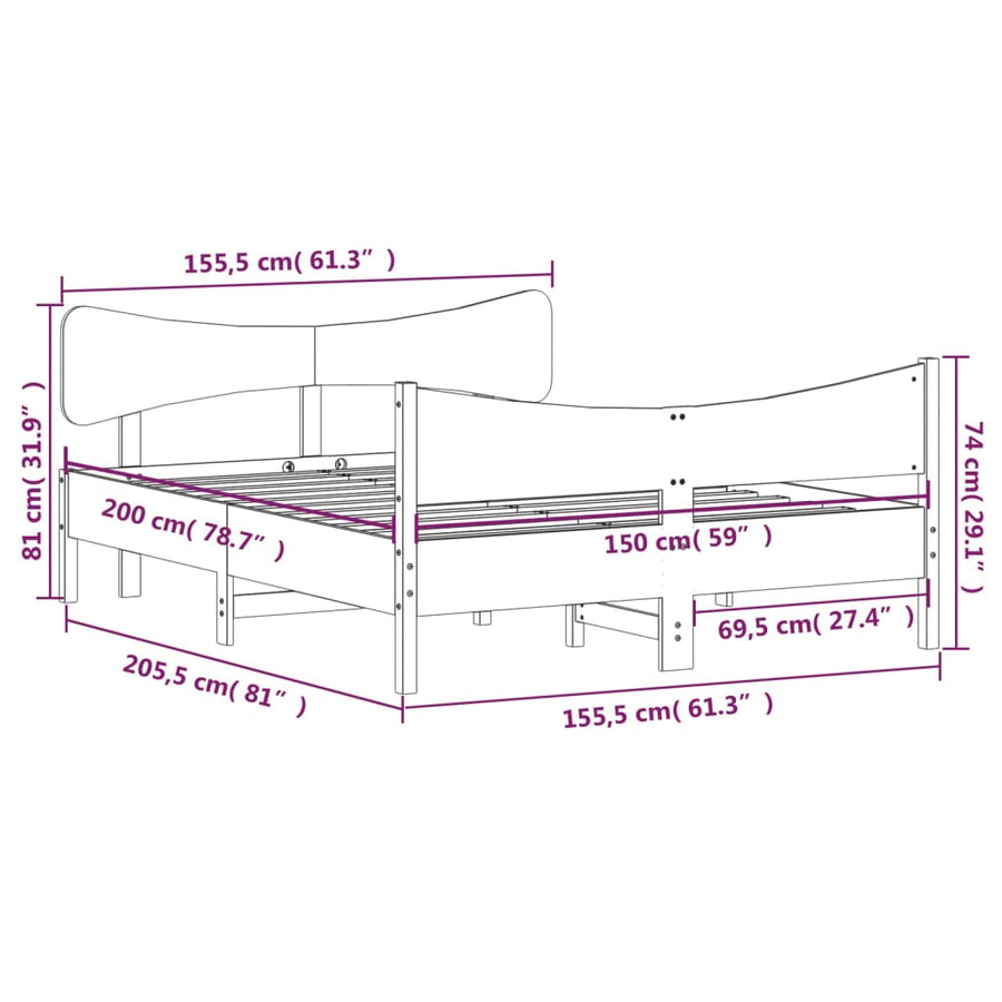Bedframe met hoofdbord massief grenenhout wasbruin 150x200 cm