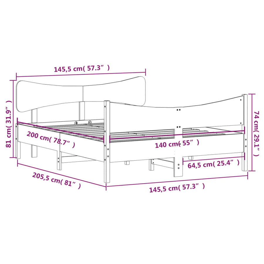 Bedframe met hoofdbord massief grenenhout wit 140x200 cm