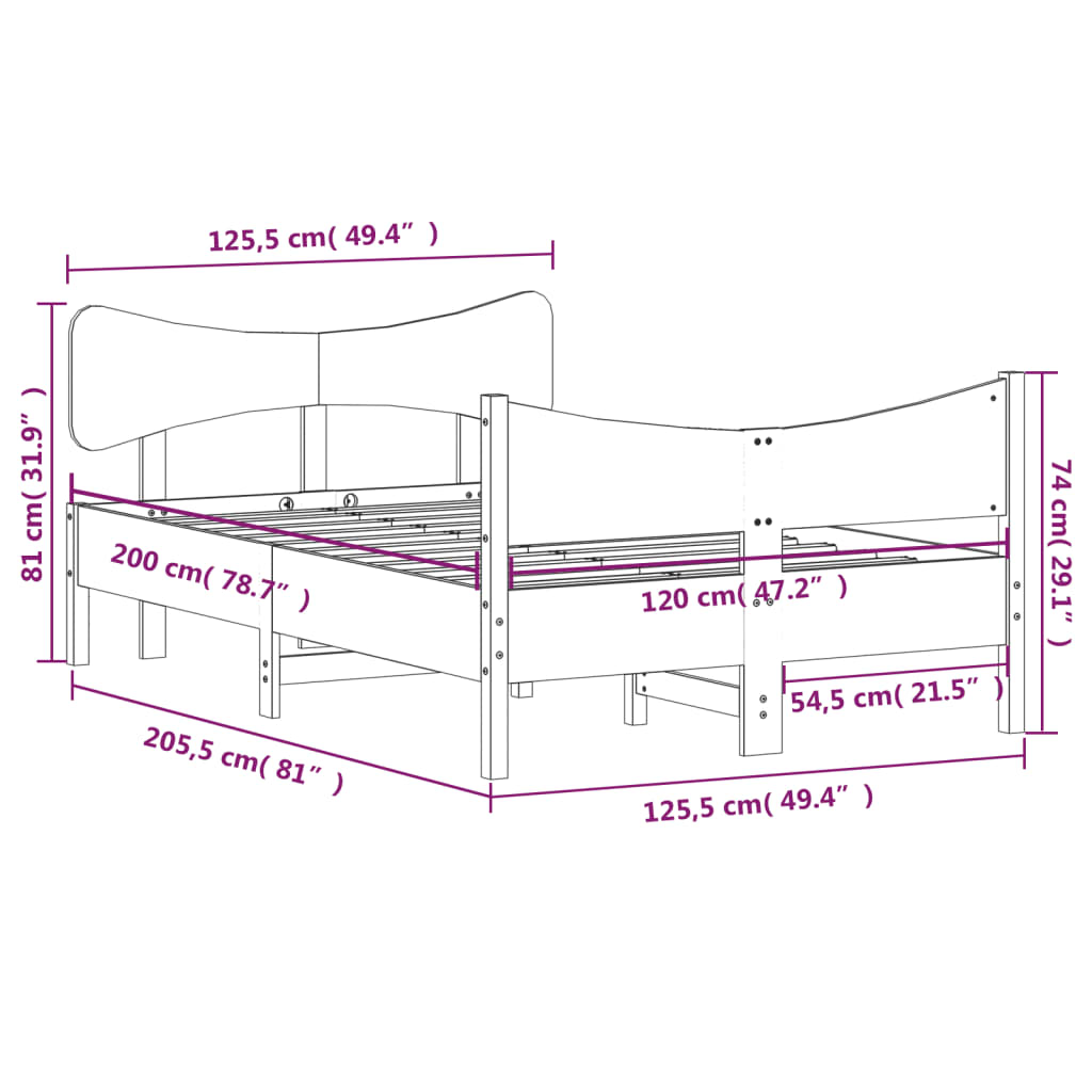 Bedframe met hoofdbord massief grenenhout wit 120x200 cm